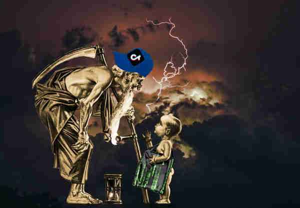 A scythe-wielding, crook-backed Father Time bends low to stare into the face of a cherubic Baby New Year. Father Time wears a backwards baseball-cap with the Tiktok logo. Baby New Year is waving goodbye and holding a satchel decorated with the 'code waterfall' from the credit sequences of the Wachowskis' 'Matrix' movies. The background is a stormy sky, with a forked lightning striking between the two figures.
