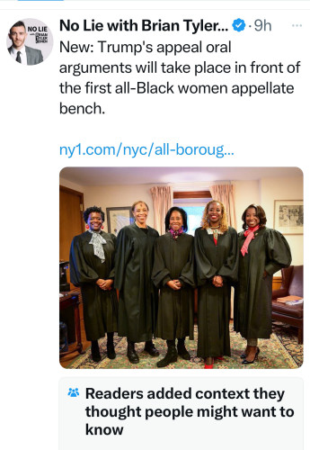 “Trump's appeal oral arguments will take place in front of the first all-Black women appellate bench.” Photo of all 5 in their judicial robes smiling into the camera.