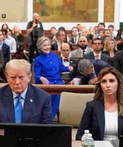 DJT with his lawyer Habba at the defendants table of the Defamation trial over his sexual assault of E. Jean Carroll. The courtroom is packed to capacity. Photoshopped into the picture are Hillary Clinton and Barack Obama, laughing hysterically.