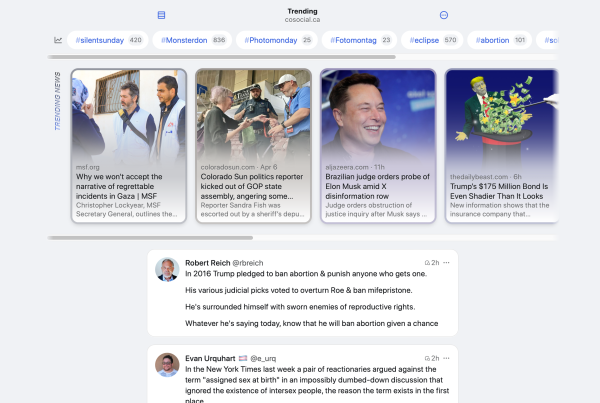 Screenshot of the Fediverse "Trending" as presented by the phanpy.social client. Across the top, a horizontal list of trending tags. Below that, a side-scrolling link of news stories. Below that, a vertical endless-scroll of high-rated posts. 