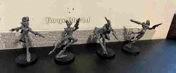 Warhammer 40K Miniatures

Four harlequin models. Three women and one man. Two with neurodisrupters and two with fusion pistols. 