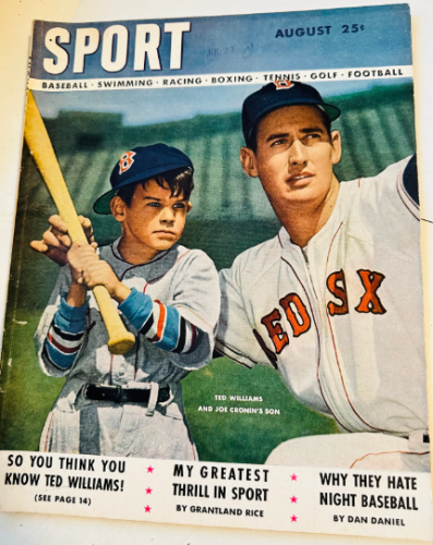Ted Williams on the cover of SPORT magazine, posing next to a young boy in a baseball uniform