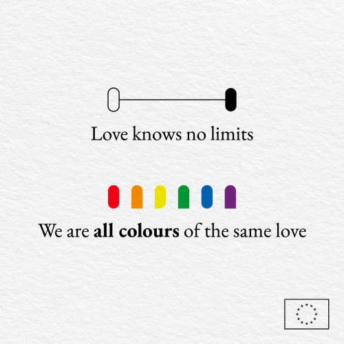 An image with a white background showing the LGBTIQ+ rainbow colours in different shapes arranged close together. A text overlay reads: "Love knows no boundaries. We are all colours of the same love.  