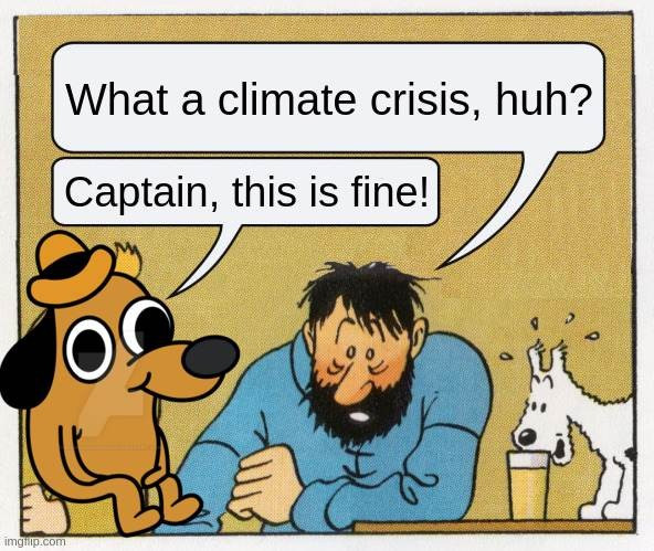 Mashup between the "What a week, huh?" and the "This is fine" meme:

Captain: What a climate crisis, huh?
Dog: Captain, this is fine!