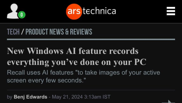Literal definition of spyware:


New Windows AI feature records everything you’ve done on your PC. Recall uses AI features "to take images of your active screen every few seconds. https://arstechnica.com/gadgets/2024/05/microsofts-new-recall-feature-will-record-everything-you-do-on-your-pc/