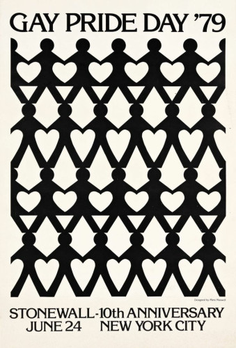 Vintage poster for Gay Pride Day ’79. It features an abstract graphic design with repeating shapes that form human figures and hearts. The design is credited to Mimi Maxwell.