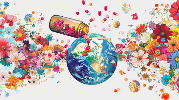 A colorful and vivid composition juxtaposing natural elements with pharmaceuticals. On the left, a large pill bottle is tipped over, spilling an assortment of pills onto a depiction of Earth, highlighting the continents of Africa and Europe. The pills are cascading across the planet’s surface. Surrounding this central imagery is a profusion of brightly colored flowers in various sizes and shapes, creating a lively and chaotic frame around the Earth and pills. Some flowers and pills appear to float in the space, creating a sense of depth. The background is white, which accentuates the bright colors of the flowers and pills. The artwork seems to comment on the relationship between nature, medication, and the world.