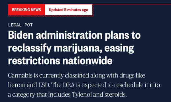 Headline Biden administration plans to reclassify marijuana, easing restrictions nationwide
Cannabis is currently classified along with drugs like heroin and LSD. The DEA is expected to reschedule it into a category that includes Tylenol and steroids.

Cope and seethe comrade Karen.  Biden is forgiving your debt and making weed easier to access. Go ahead and throw another spoiled brat tantrum.