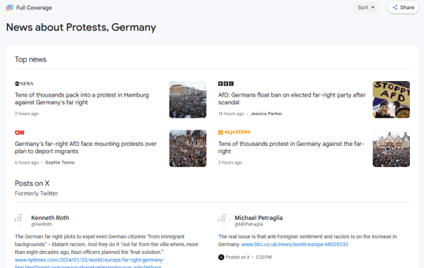 screenshot of Google News page showing all the coverage of the anti-fascist protests in Germany.