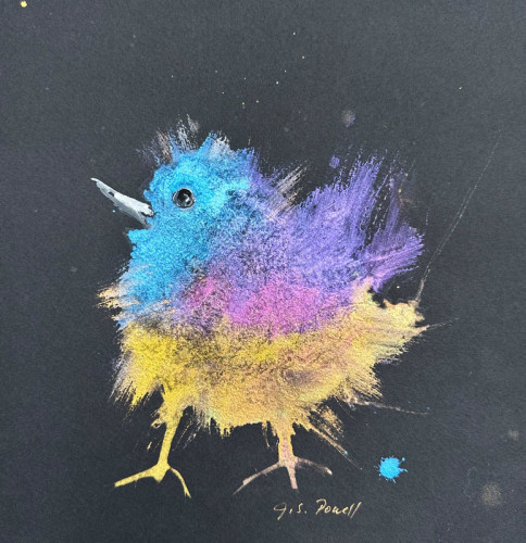 Creative painting of a fluffly little bird that is coloured in bright shades of blue, purple, pink and yellow, to a matte black backround. 
