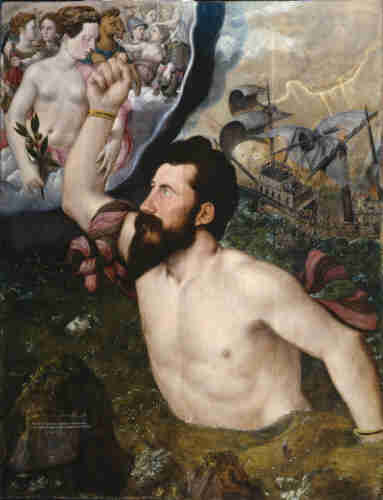 Allegorical Portrait of Sir John Luttrell
Hans Eworth (c.1520–after 1578)
The Courtauld, London (Samuel Courtauld Trust) 
A nacked man raises his fist towards a woman with an olive branch representing peace.