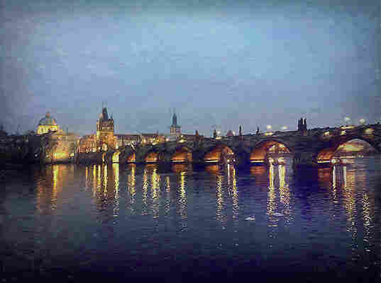 Artwork of a dark purple Charles bridge in Prague, with blue water below it, with the yellow reflections of the light coming from the skyline in it. The sky above the skyline is clear light blue. 