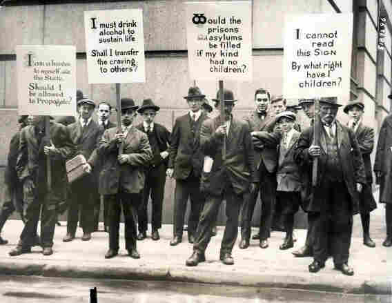 The pro-eugenics Medical Review of Reviews hired four vagrants to demonstrate on Wall Street in 1915. The picture’s original caption said the signs the men were paid to carry asked “some very pertinent questions.” Some of the signs read, “Would the prisons and asylums be filled if my kind had no children?” and “I can’t read this sign. By what right I have children?”

