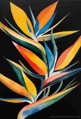 Watercolor Birds of Paradise flowers on a black background (C)P.Gamble Art