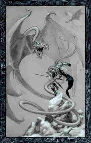 Standing on a high perch, Elric faces a winged serpent, hovering with its mouth open, baring teeth and forked tongue in a hiss. Its long tail winds around the outcrop of rock and coils about Elric's midsection as it snatches him. Elric holds the long slender blade of Stormbringer in his right hand. His left hand thrusts upward out of the serpent's grip.
