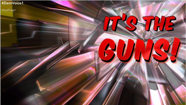 Meme: Background of a shattered mirror, text in red in right upper corner reads, “IT’S THE GUNS!”