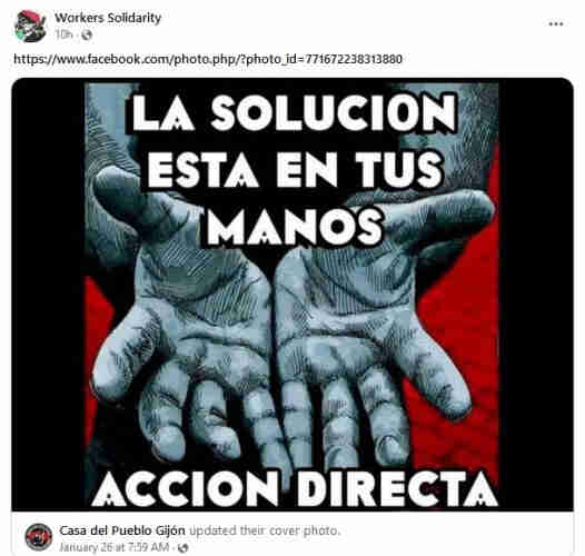 Image of 2 open hands, palms up, against a red background. Reads: La solucion esta en tus manos...Accion Directa.