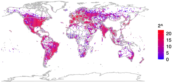 A digitized map of the world showing the saturation and location of more than 2 billion access points (in red) located by querying Apple's API.