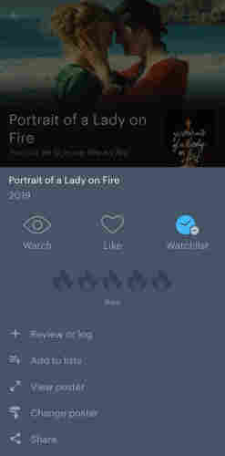 Letterboxd entry for Portrait of a Lady on Fire, replacing the rating stars with flames