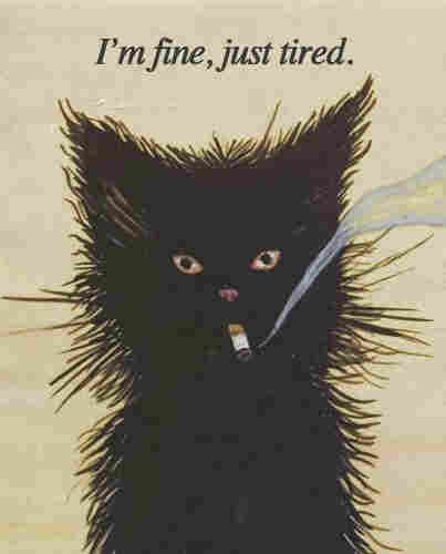 Illustration of a black cat looking harried smoking a cigarette with text that says "I'm fine, just tired."