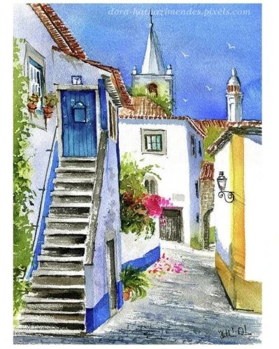 Obidos Portugal original hand made watercolor painting by Dora Hathazi Mendes