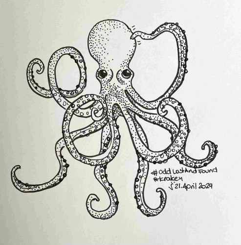 Hand-drawn ink illustration of an octopus scratching its head with hashtags #oddLostAndFound #kraken and the date 21 April 2024.