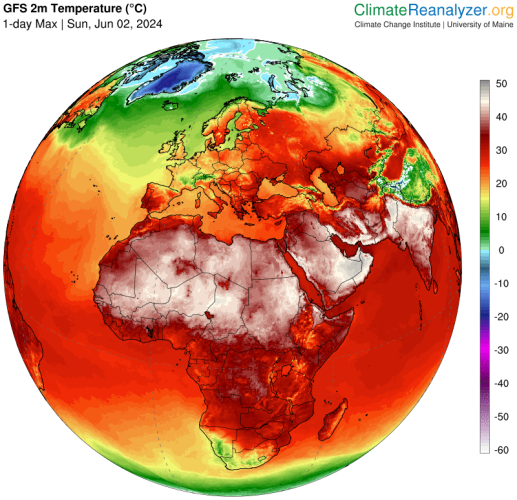map of the planet by temperature showing much of the world in >45C