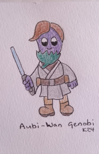 Cartoon drawing of Obi-Wan Kenobi with his light saber and Jedi robes, however, his head is an aubergine with the plant ruff and stem as his beard