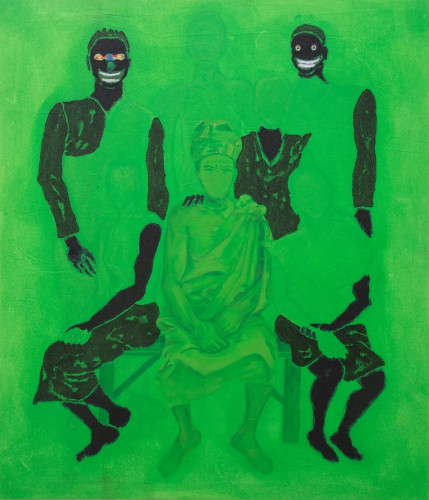 Painting in a bright green palette of Black figures in robes gathered around a central seated figure. Two men in the back have oversized manic smiles.