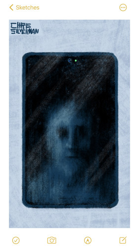 A tablet, with a ghostly face reflected in the black screen. The tablet appears to be off, but a green light at the top next to the camera indicates that it is recording something. Reflected on its screen is a blurry, pale face with no expression and empty eyes. They say that sometimes, the abyss looks back. "When one looks long into nothingness, one becomes nothing, empty." –Theodore Van Rooy (totally random guy on StackExchange).