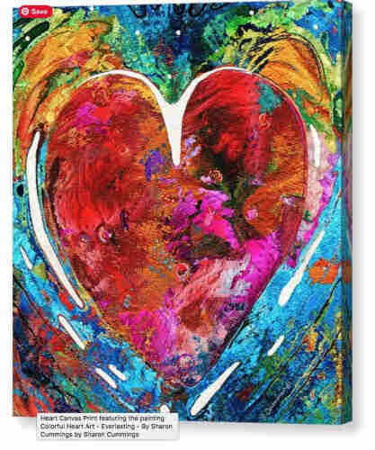 Colorful heart in reds and pinks with an abstract blue, green and yellow background by artist and poet Sharon Cummings.  Haiku in post.