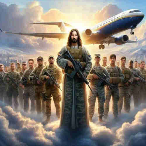 Okay this is Jesus in a Camo robe, holding a gun that I'm assuming in an AK, there are a bunch a military guys lined up behind him in a sort of triangle configuration. They are standing on cartoon type Heaven clouds and there appears to be some hazy looking city in the background. What looks like a commercial passenger jet is flying overhead. The soldiers faces in the background appear to be screwed up in only the way cheap AI can be