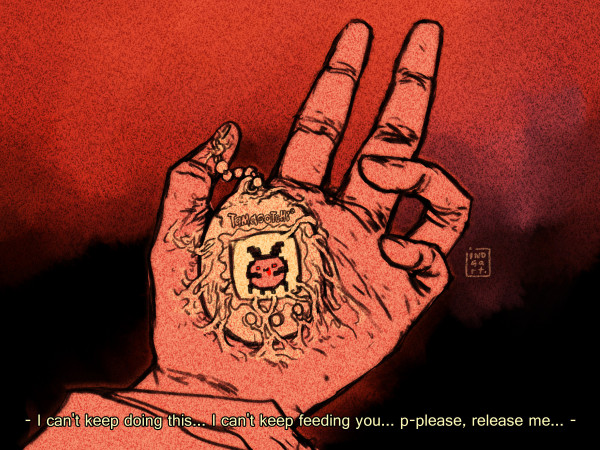 A tamagotchi device has fused with a hand in tendrils of flesh. The little pixel pet shown on the small screen has a pixel of blood dripping from it's mouth. 
The bottom text says "I can't keep doing this... I can't keep feeding you... p-please, release me..."