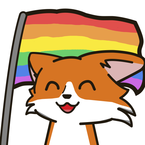 Orange and white cat art before a rainbow flag.