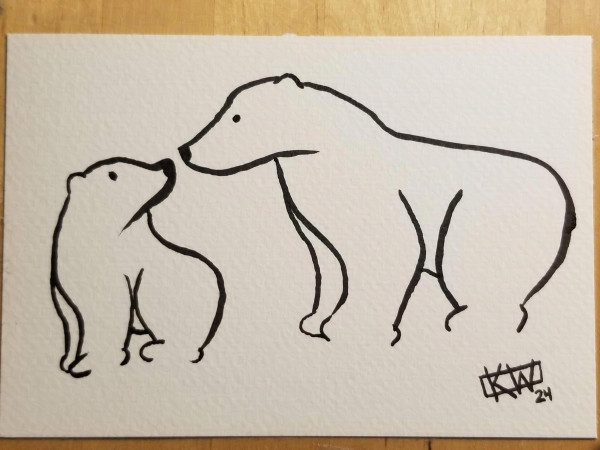 Ink painting if a polar bear cub standing nose to nose with Mama polar bear.