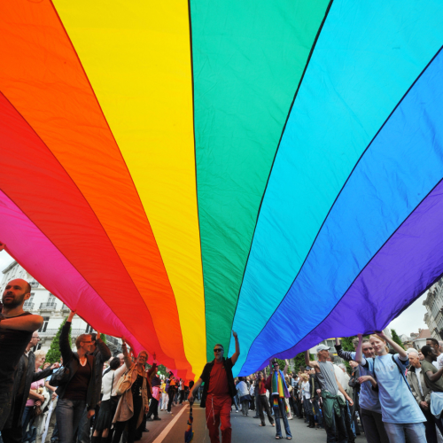 People march during the Pride parade in Brussels

