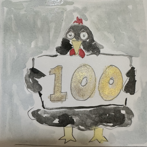 Black chicken holding up a 100 sign