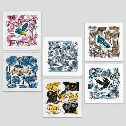 A set of six hand made prints which feature screenprinting and lino printing.

There are curved colours in the background of each print and the foreground detail is in black. There is a blue tit with apple blossom surrounding it. A cuckoo with leaves surrounding it. A magpie surrounded by fences and grass seed heads, a tawny owl surrounded by trees, a goldfinch surrounded by grasses and a crow surrounded by trees and roofs.
