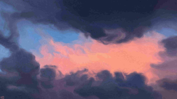 Digital painting: a sunrise sky, partly cloudy. There is one large patch of bright peach, framed by dark, slate grey clouds. A bit of blue is visible in the background.