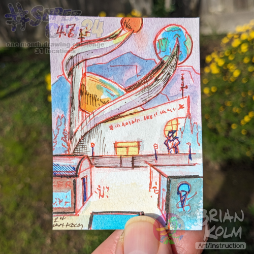 A trading card ink sketch with watercolor on top. A superhero hq. There is a tower to the left with a swish structure holding up an illuminated red orb. An orange glass dome. A swish that goes to a larger earth model. A upward slope roof. A secured gate with statue of a hero. In front the gift shop and food stand.