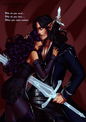 An illustration of my OCs Tassera and Vale, Tass is leaning into Vale, her head on his shoulder. Her back is slightly hunched as she grips the shoulder of his coat tightly, pulling on it. Her other arm is behind his head, gripping a spectral dagger that is buried in his back. Vale has his back arched back slightly, his coat flaring out, he grips a large spectral sword speared right through Tassera's upper abdomen. His other hand rests against her hair, almost comforting. The upper left contains some lines from Come Undone by Duran Duran "who do you need, who do you love, when you come undone?"