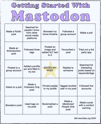A 5 x 5 bingo chart “Getting Started With Mastodon”.

Row 1:
- Made a Public post
- Searched for people I know from other social media platforms
- Browsed my home timeline
- Followed a group account
- Made a poll

Row 2:
- Made an #introduction post
- Followed three tags
- Posted an image and added ALT text to it
- Favourited a post
- Tried out a 3rd party app

Row 3:
- Posted to a group account
- Added a profile pic and filled in my bio
- Edited my post
- Replied to someone
- Searched for interesting posts based on keywords/tags

Row 4:
- Voted on a poll
- Made a Followers Only post
- Pinned post(s) to my profile
- Tagged another user in my post
- Followed five accounts

Row 5: 
- Boosted a post
- Used tags on my post
- Bookmarked a post
- Made a Mentioned People Only post
- Made a post with a content warning