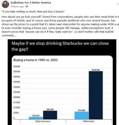 Graph showing a significant gap between median income and housing prices in 1985 vs a gigantic, impossible, gap in 2022.

"If you hate renting so much, then just buy a house!"
How about you go fuck yourself? Greed from corporations, people who saw their meal ticket in the prospect of Airbnb, and of course, just those parasitic landlords who own several houses, has driven up the prices to a point that it's damn near impossible for anyone making under 400k a year to even consider buying a house (yes, some people still manage, outliers/exceptions exist, it doesn't prove that "anyone can do it if they really want to!", so don't bother with that bullshit comment)....