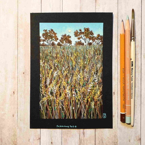 A colour landscape drawing of a field of barley with trees in the distance. 