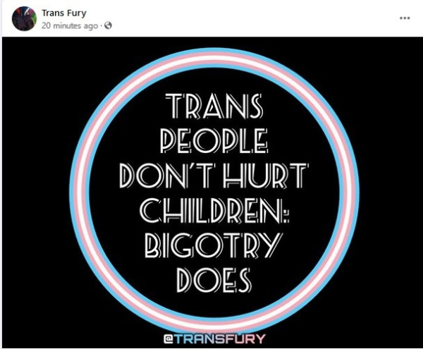 Circle made of trans flag colors around words that read: Trans people don't hurt children; bigotry does