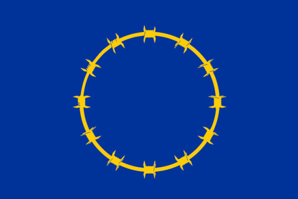 Herkömmlicher Stacheldraht im Kreis  vor blauem Hintergrund angeordnet und somit ähnlich zur EU-Flagge. Conventional barbed wire arranged in a circle against a blue background and thus similar to the EU flag 