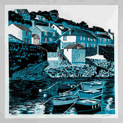 A two colour linocut print of Coverack in Cornwall showing boats in the small harbour, houses behind going up the hill and rocks.