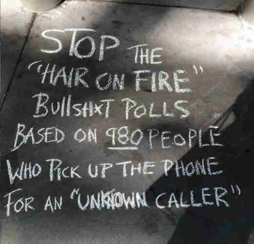 Sidewalk with the following written in chalk: "STOP THE
"HAIR ON FIRE"
BUllSH*T POLLS
BASED ON 980 PEOPLE WHO PICK UP THE PHONE FOR AN "UNKNOWN CALLER""