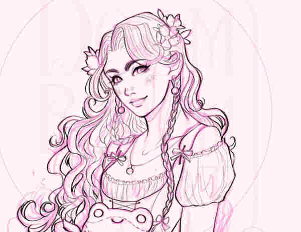 Line art of a girl with curly hair holding a frog plush. Sketch lines in pink, lines in black. 