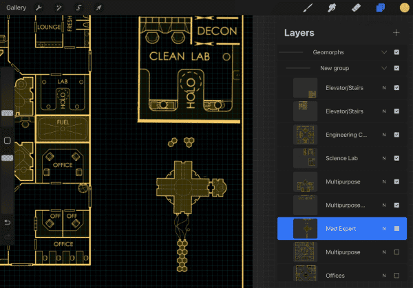 Yellow rooms on a black background; an editing interface for a drawing program appears as an overlay.